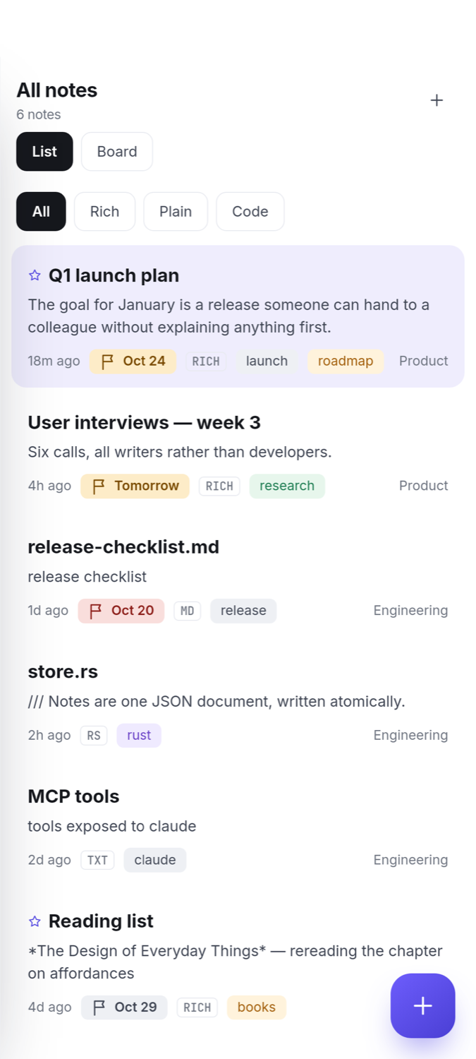 The Android app showing all notes with tags, due dates and projects