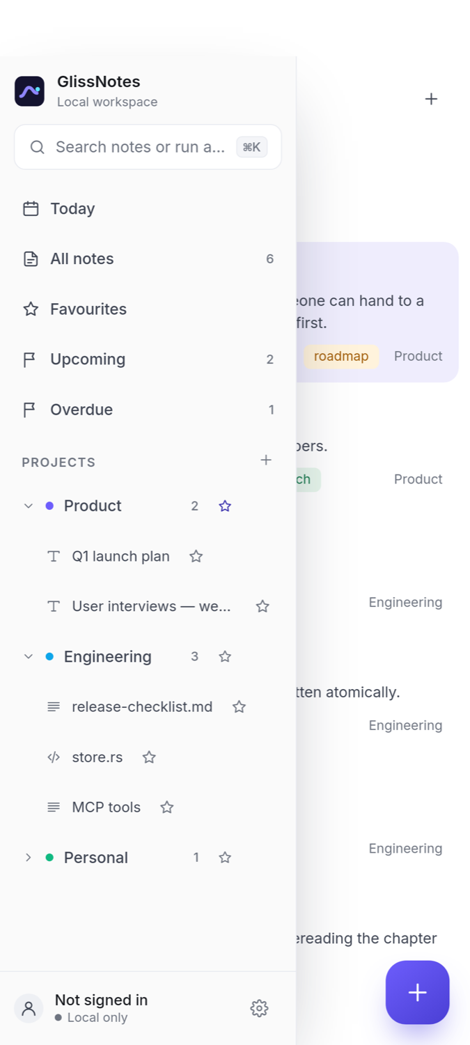 The Android sidebar with Today, Favourites, Upcoming, Overdue and colour-coded projects