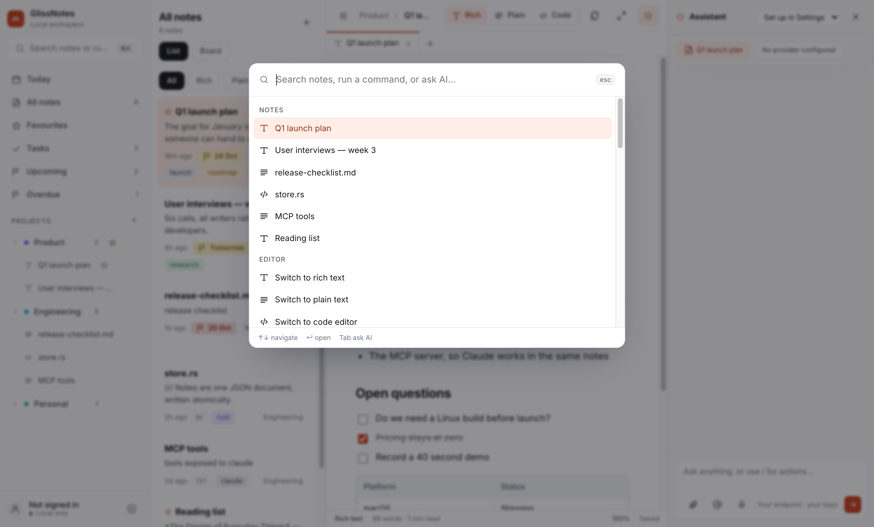 The command palette searching across notes